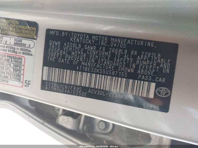 Продаж на аукціоні авто 2005 Toyota Camry Le, vin: 4T1BE32K55U587155, номер лоту: 44990215