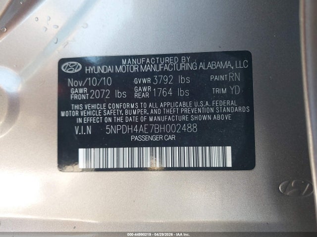 Aukcja sprzedaży 2011 Hyundai Elantra Limited, vin: 5NPDH4AE7BH002488, numer aukcji: 44990219