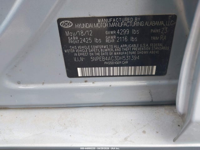 44990220 :رقم المزاد ، 5NPEB4AC3DH531394 vin ، 2013 Hyundai Sonata Gls مزاد بيع