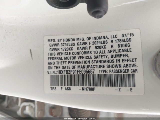 2015 Honda Civic Ex-l მანქანა იყიდება აუქციონზე, vin: 19XFB2F91FE095657, აუქციონის ნომერი: 44990226