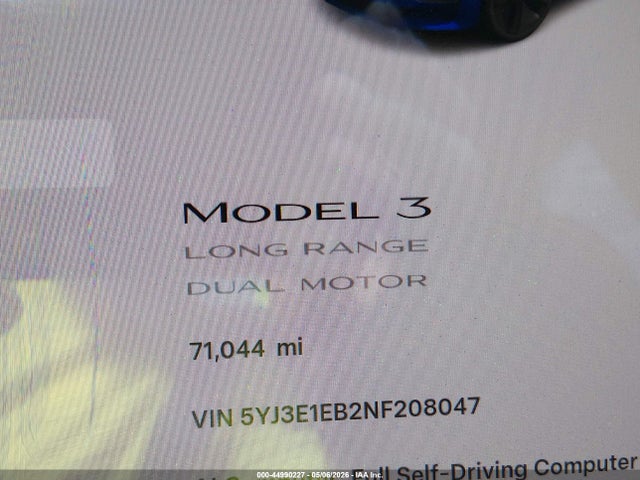 2022 Tesla Model 3 Long Range Dual Motor All-wheel Drive მანქანა იყიდება აუქციონზე, vin: 5YJ3E1EB2NF208047, აუქციონის ნომერი: 44990227