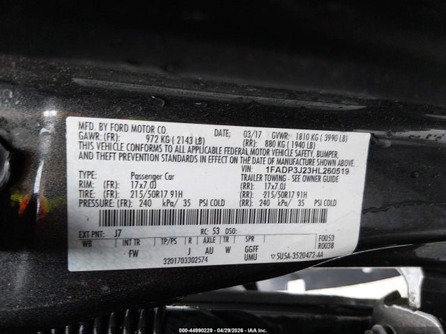 2017 Ford Focus Titanium მანქანა იყიდება აუქციონზე, vin: 1FADP3J23HL260519, აუქციონის ნომერი: 44990229