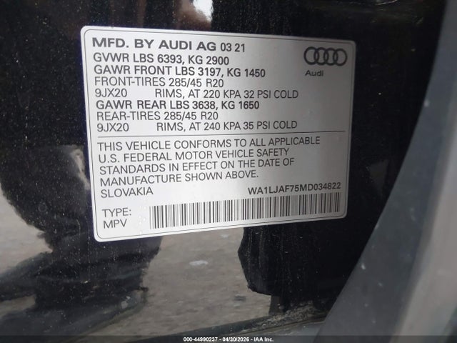 Продажа на аукционе авто 2021 Audi Q7 Premium Plus 45 Tfsi Quattro Tiptronic, vin: WA1LJAF75MD034822, номер лота: 44990237