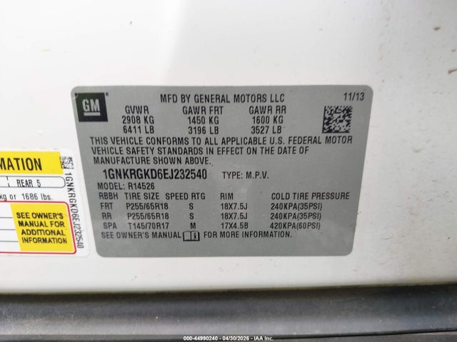 Продаж на аукціоні авто 2014 Chevrolet Traverse 1lt, vin: 1GNKRGKD6EJ232540, номер лоту: 44990240