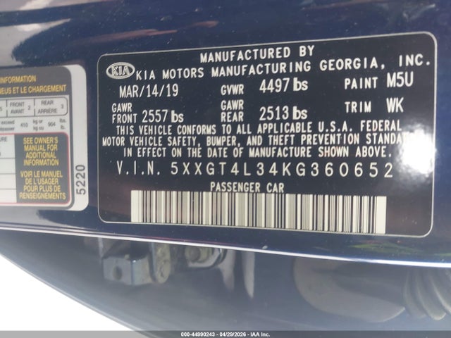 2019 Kia Optima Lx მანქანა იყიდება აუქციონზე, vin: 5XXGT4L34KG360652, აუქციონის ნომერი: 44990243
