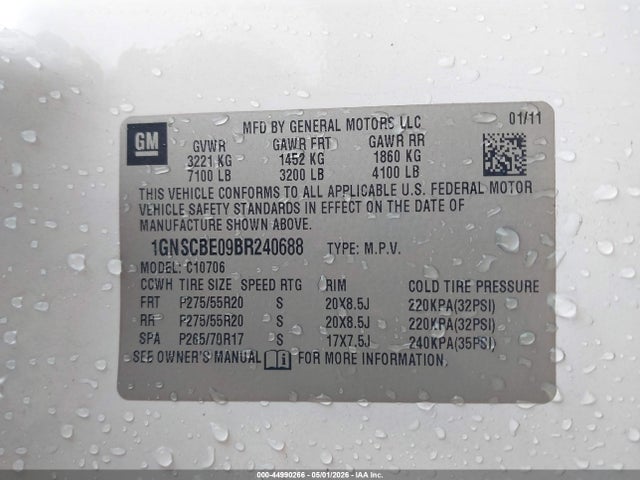 44990266 :رقم المزاد ، 1GNSCBE09BR240688 vin ، 2011 Chevrolet Tahoe Lt مزاد بيع