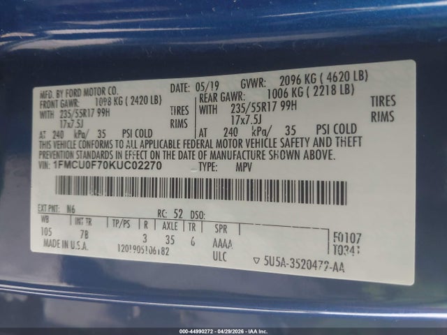 Продажа на аукционе авто 2019 Ford Escape S, vin: 1FMCU0F70KUC02270, номер лота: 44990272