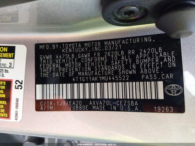 2021 Toyota Camry Se მანქანა იყიდება აუქციონზე, vin: 4T1G11AK1MU445522, აუქციონის ნომერი: 44990281