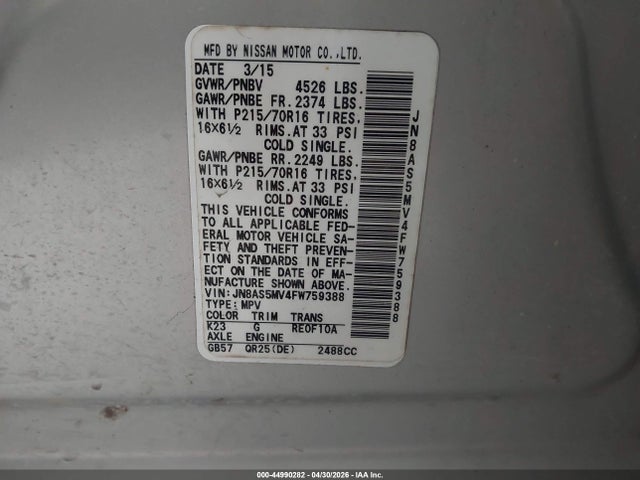 44990282 :رقم المزاد ، JN8AS5MV4FW759388 vin ، 2015 Nissan Rogue Select S مزاد بيع