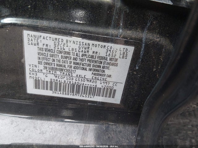 2021 Nissan Sentra S Xtronic Cvt მანქანა იყიდება აუქციონზე, vin: 3N1AB8BV8MY265317, აუქციონის ნომერი: 44990283