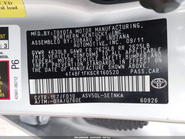 Продаж на аукціоні авто 2012 Toyota Camry Le, vin: 4T4BF1FK6CR160520, номер лоту: 44990286