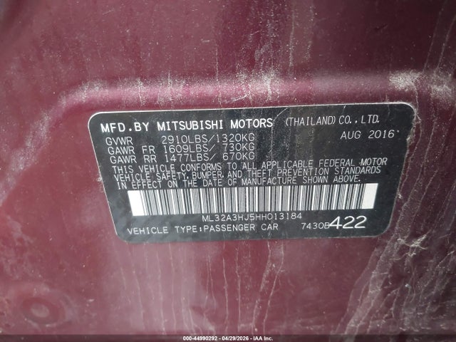 Aukcja sprzedaży 2017 Mitsubishi Mirage Es, vin: ML32A3HJ5HH013184, numer aukcji: 44990292