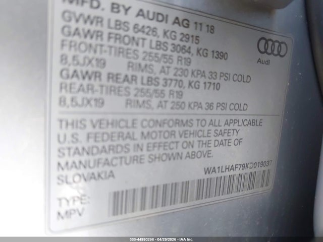 44990298 :رقم المزاد ، WA1LHAF79KD019037 vin ، 2019 Audi Q7 45 Premium مزاد بيع