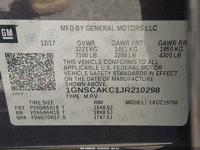 Aukcja sprzedaży 2018 Chevrolet Tahoe Ls, vin: 1GNSCAKC1JR210298, numer aukcji: 44990308