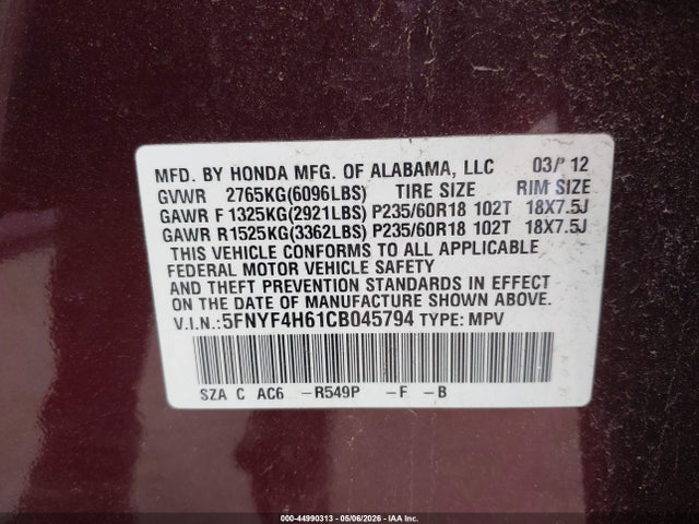 44990313 :رقم المزاد ، 5FNYF4H61CB045794 vin ، 2012 Honda Pilot Ex-l مزاد بيع