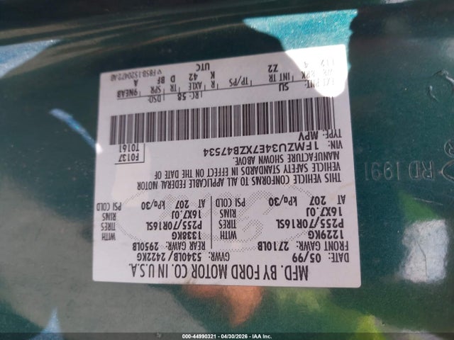 44990321 :رقم المزاد ، 1FMZU34E7XZB47534 vin ، 1999 Ford Explorer Eddie Bauer/limited/xlt مزاد بيع