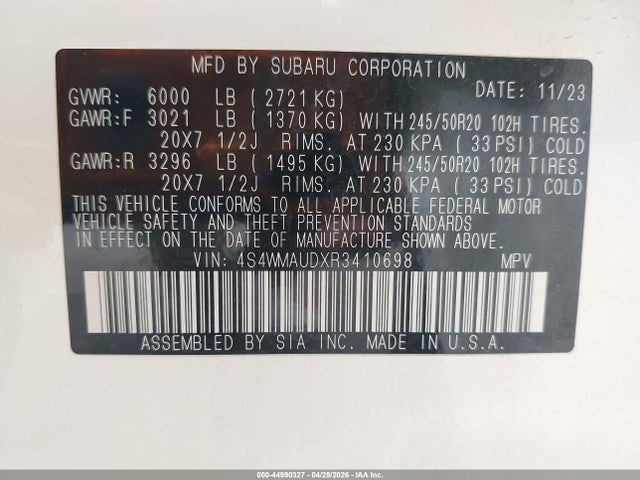44990327 :رقم المزاد ، 4S4WMAUDXR3410698 vin ، 2024 Subaru Ascent Limited 7-passenger مزاد بيع