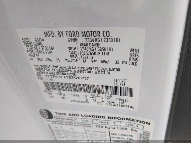 1FTFW1EF5EFC18757 Ford F-150 Xlt