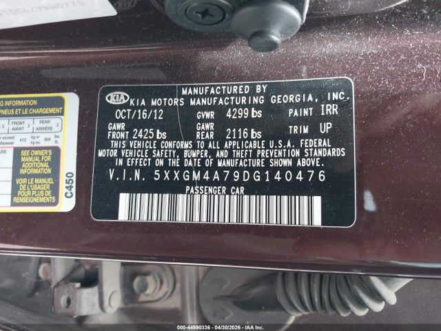 2013 Kia Optima Lx მანქანა იყიდება აუქციონზე, vin: 5XXGM4A79DG140476, აუქციონის ნომერი: 44990336