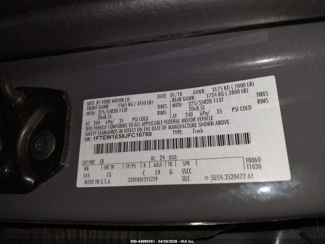 44990351 :رقم المزاد ، 1FTEW1E58JFC10780 vin ، 2018 Ford F-150 Xlt مزاد بيع