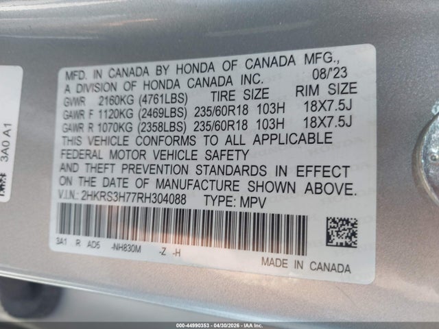 Продажа на аукционе авто 2024 Honda Cr-v Ex-l 2wd, vin: 2HKRS3H77RH304088, номер лота: 44990353
