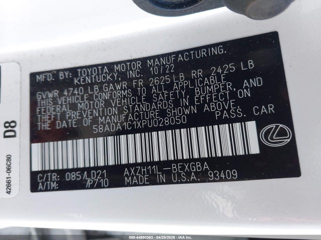 Aukcja sprzedaży 2023 Lexus Es 300h, vin: 58ADA1C1XPU028050, numer aukcji: 44990363