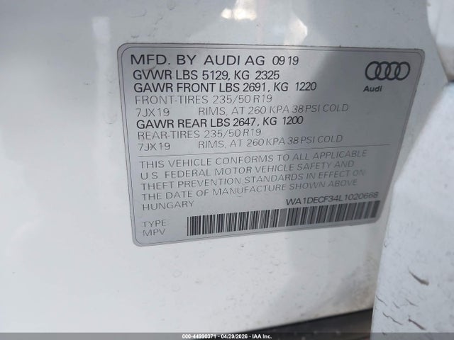 44990371 :رقم المزاد ، WA1DECF34L1020668 vin ، 2020 Audi Q3 Premium 45 Tfsi S Line Quattro Tiptronic مزاد بيع