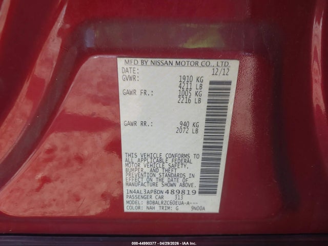 Продаж на аукціоні авто 2013 Nissan Altima 2.5 S, vin: 1N4AL3AP8DN489819, номер лоту: 44990377
