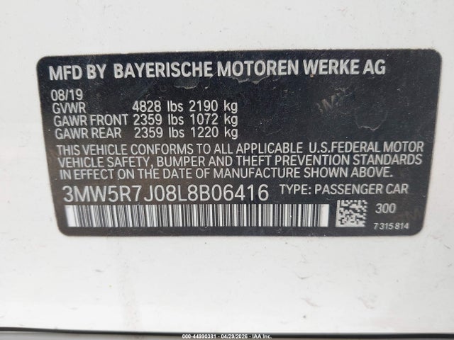 Aukcja sprzedaży 2020 Bmw 330i Xdrive, vin: 3MW5R7J08L8B06416, numer aukcji: 44990381