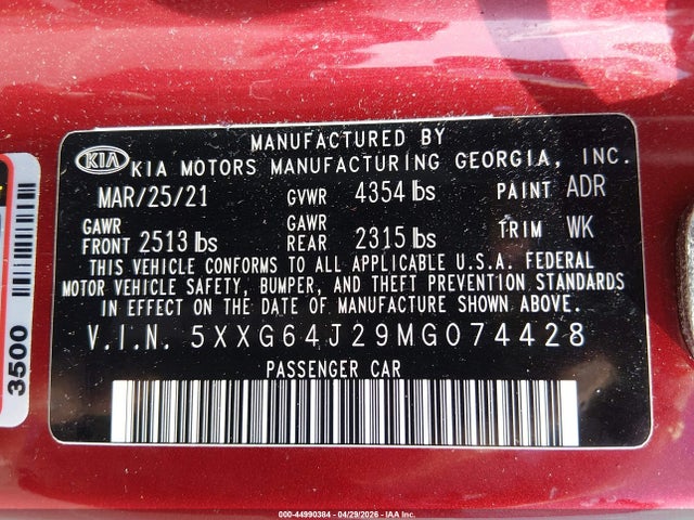 Продаж на аукціоні авто 2021 Kia K5 Gt-line, vin: 5XXG64J29MG074428, номер лоту: 44990384