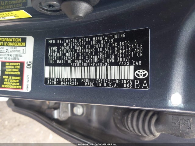 Продажа на аукционе авто 2019 Toyota Corolla Le, vin: 5YFBURHE9KP948892, номер лота: 44990383
