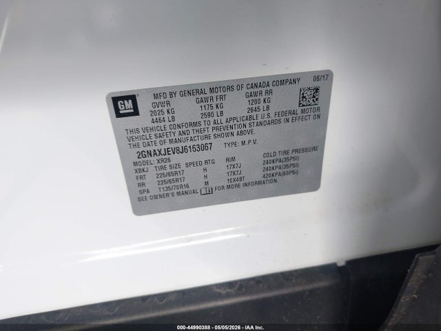2018 Chevrolet Equinox Lt მანქანა იყიდება აუქციონზე, vin: 2GNAXJEV8J6163067, აუქციონის ნომერი: 44990388