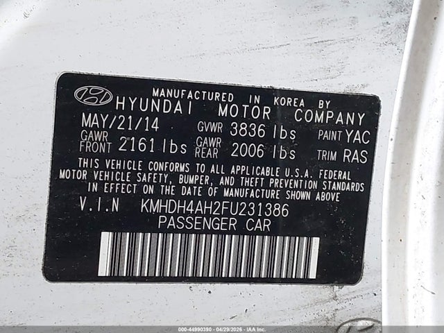 2015 Hyundai Elantra Sport მანქანა იყიდება აუქციონზე, vin: KMHDH4AH2FU231386, აუქციონის ნომერი: 44990390