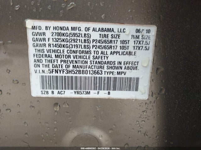 Aukcja sprzedaży 2011 Honda Pilot Ex-l, vin: 5FNYF3H52BB013663, numer aukcji: 44990392