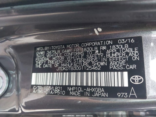 JTDKDTB30G1125462 Toyota Prius C Four