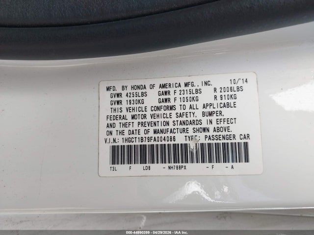 44990399 :رقم المزاد ، 1HGCT1B79FA004086 vin ، 2015 Honda Accord Ex مزاد بيع