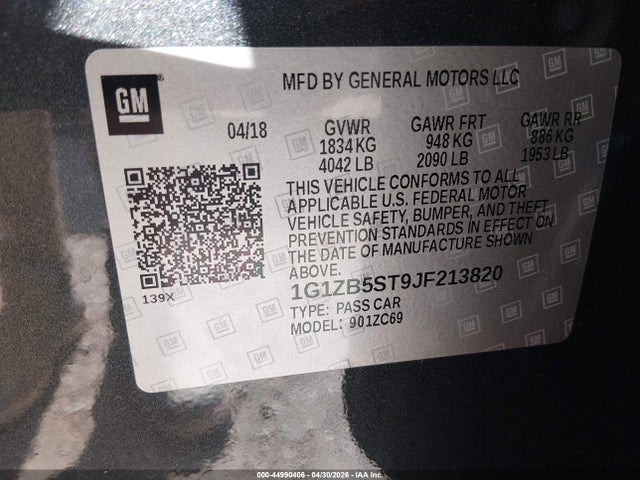 44990406 :رقم المزاد ، 1G1ZB5ST9JF213820 vin ، 2018 Chevrolet Malibu 1ls مزاد بيع