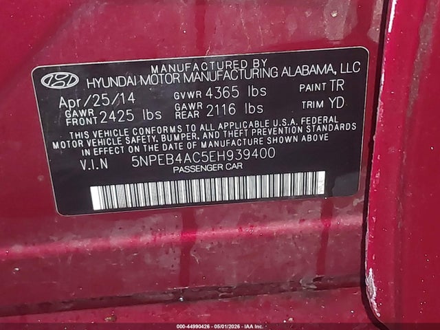 Aukcja sprzedaży 2014 Hyundai Sonata Gls, vin: 5NPEB4AC5EH939400, numer aukcji: 44990426