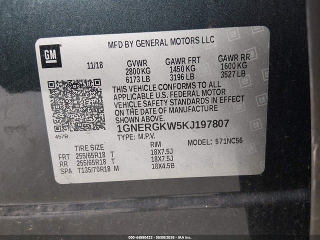 44990432 :رقم المزاد ، 1GNERGKW5KJ197807 vin ، 2019 Chevrolet Traverse 1lt مزاد بيع