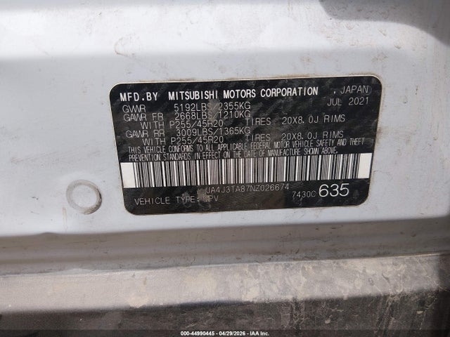 2022 Mitsubishi Outlander Es 2.5 2wd მანქანა იყიდება აუქციონზე, vin: JA4J3TA87NZ026674, აუქციონის ნომერი: 44990445