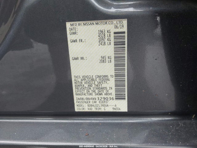 Aukcja sprzedaży 2019 Nissan Altima 2.5 S, vin: 1N4BL4BV4KN329036, numer aukcji: 44990446