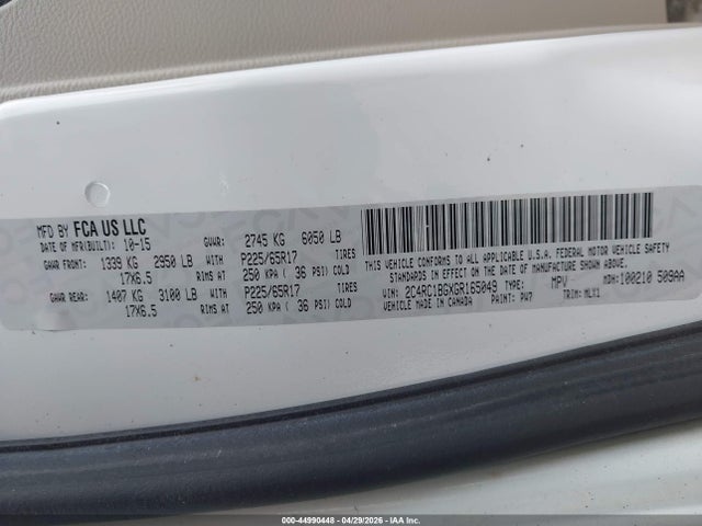 Aukcja sprzedaży 2016 Chrysler Town & Country Touring, vin: 2C4RC1BGXGR165049, numer aukcji: 44990448