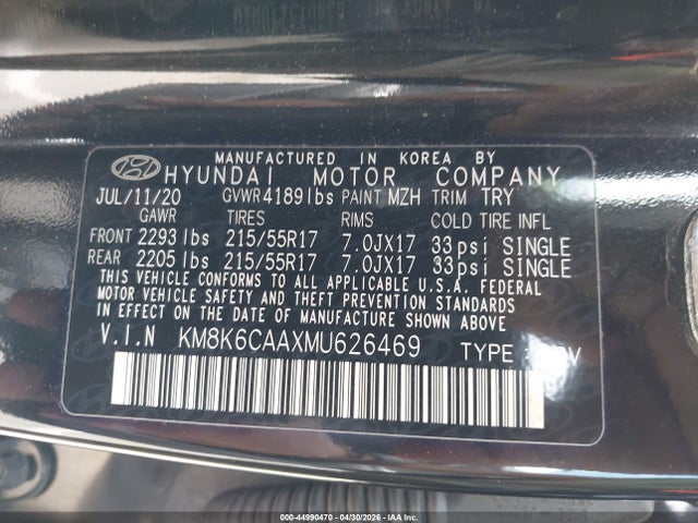 Aukcja sprzedaży 2021 Hyundai Kona Sel Plus, vin: KM8K6CAAXMU626469, numer aukcji: 44990470