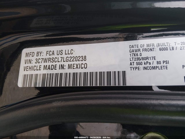 Aukcja sprzedaży 2020 Ram 3500 Chassis Tradesman/slt/laramie/limited, vin: 3C7WRSCL7LG220238, numer aukcji: 44990473