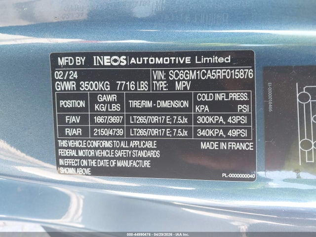 Продажа на аукционе авто 2024 Ineos Grenadier Fieldmaster Edition/trialmaster Edition, vin: SC6GM1CA5RF015876, номер лота: 44990476