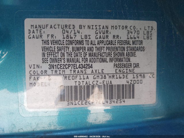 3N1CE2CP7EL434254 Nissan Versa Note S Plus