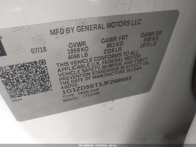 2018 Chevrolet Malibu Lt მანქანა იყიდება აუქციონზე, vin: 1G1ZD5ST1JF268983, აუქციონის ნომერი: 44990489