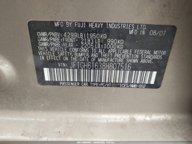 Продажа на аукционе авто 2008 Subaru Impreza 2.5i, vin: JF1GH61638H807516, номер лота: 44990497