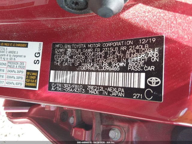 Aukcja sprzedaży 2020 Toyota Corolla Le, vin: JTDEPRAE7LJ096465, numer aukcji: 44990519