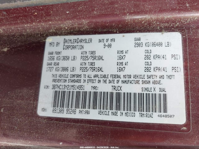 44990533 :رقم المزاد ، 3B7HC13Y21M514951 vin ، 2001 Dodge Ram 1500 St مزاد بيع